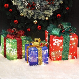 Set de 3 cutii pentru cadouri cu 48 LED-uri Gresonic, metal/textil, 18 x 18 x 18 cm / 15 x 15 x 15 cm / 13 x 13 x 13 cm - Img 3