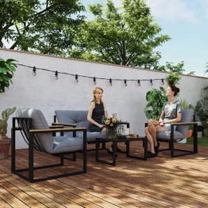 Set gradina Re-Bloom, otel/poliester/spuma PP, canapea 114x70x67 cm + 2 fotolii 60x70x67 cm + masa 65x42x35 cm, 3 perne incluse, gri deschis/negru - Verificat A · Re-Bloom - Img 3