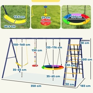 Set leagan de gradina 6in1 pentru copii, otel/PE/PP, 350x183x200 cm, leagan cuib Ø100cm + leagan centura + plasa catarare 220x50cm + leagan franghie + cos baschet Ø38cm, capacitate 40kg/scaun 160kg total, varsta 3-8 ani, certificat EN71, 4 tarusi inclusi, - Img 3