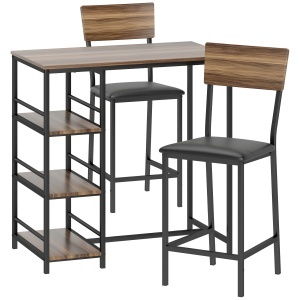Set masa de bar cu 3 rafturi si 2 scaune Re-Bloom, otel/MDF/piele PU/spuma, masa 90x50x90.5 cm + 2 scaune 40x46x97 cm, suport picioare, 80/130 kg, nuc/negru - Verificat A · Re-Bloom