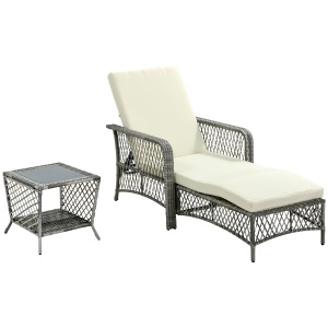 Set sezlong rattan PE cu masuta de cafea, otel/rattan PE/poliester, sezlong 74x192x31-88cm + masuta 45x45x42cm, spatar 5 niveluri, 2 roti, blat sticla calita, perna cu husa lavabila, capacitate 160kg, gri/crem - Verificat A · Re-Bloom