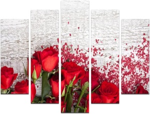 Set tablou decorativ Re-Bloom, 5 piese, MDF/panza, alb/rosu, 60 x 110 cm