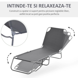 Sezlong gradina pliabil, cadru metal, tesatura Oxford, 180x55x24cm, Gri - Verificat A · Re-Bloom - Img 5
