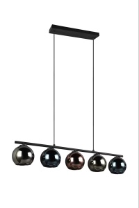 Sheldon lustra pendul 5 lumini E14, 83x150 cm, fier vopsit negru mat, globuri sticla fumurie, inaltime reglabila, 230V - Verificat A · Re-Bloom - Img 4