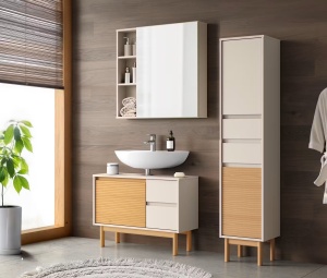 Stady dulap pentru lavoar 83x62x35 cm, 1 usa, 2 sertare, lemn masiv pin lacuit, bej/pin natural - Verificat A · Re-Bloom - Img 2