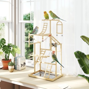 Suport de joaca pentru papagali, lemn de pin/otel inoxidabil, 48x38x95 cm, tava detasabila, scari, boluri, leagan, stinghii, pentru perusi/nimfe/conuri, lemn natural - Verificat A · Re-Bloom - Img 2