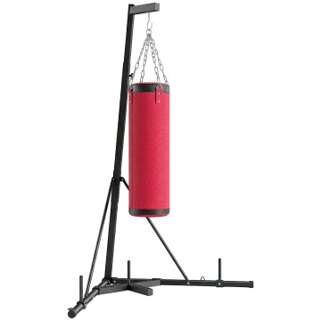 Suport sac de box reglabil 175x91x185-231 cm, baza triunghiulara otel antirugina, 3 suporti discuri, sac panza Ø29x97 cm, rosu si negru - Verificat A · Re-Bloom