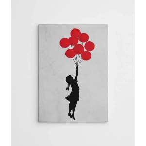 Tablou decorativ canvas Banksy model fata cu baloane, 50x70x3 cm, 50% bumbac/50% poliester, imprimare digitala, rama lemn 2x3 cm, gri/negru/rosu - Verificat A · Re-Bloom - Img 4
