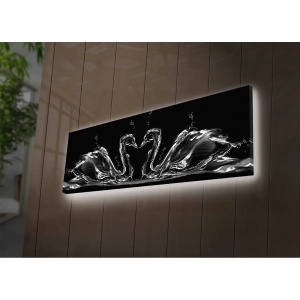 Tablou decorativ Re-Bloom, LED, model lebede, lemn/panza, negru, 30 x 90 cm - Img 2