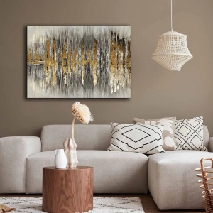 Tablou decorativ Re-Bloom, lemn masiv/panza, gri/auriu/negru, 70 x 100 cm - Img 3