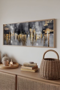 Tablou decorativ Re-Bloom, MDF/lemn masiv, gri/auriu, 50 x 120 cm - Img 2