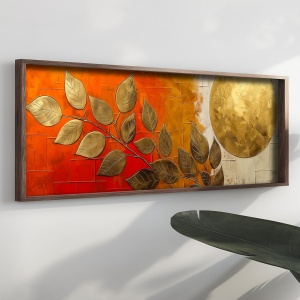 Tablou decorativ Re-Bloom, MDF/panza, portocaliu/auriu, 40 x 120 x 3,5 cm - Img 4