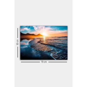 Tablou decorativ Re-Bloom, model apus de soare, lemn/panza, albastru/auriu, 50 x 70 cm - Img 2