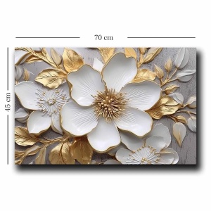 Tablou decorativ Re-Bloom, model floare, panza/lemn masiv, gri/alb/auriu, 45 x 70 cm - Img 2