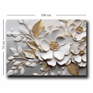 Tablou decorativ Re-Bloom, model floral, panza/lemn, alb/gri/auriu, 70 x 100 cm - Img 2