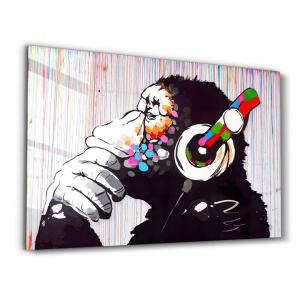 Tablou decorativ Re-Bloom, model maimuta, sticla securizata, multicolor, 46 x 72 cm