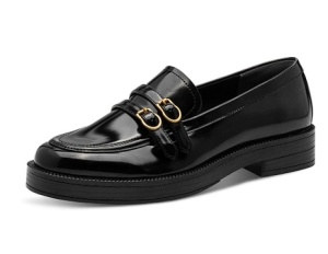 Tamaris, Pantofi loafer din piele lacuita cu detalii metalice, Negru, 38, Resigilat, Grad A