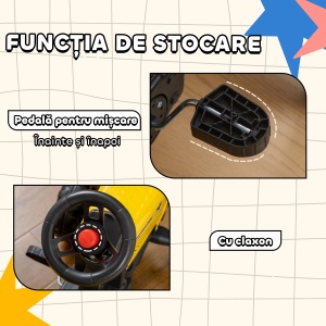Tractor de pedalat pentru copii cu remorca, metal/plastic, 133x42x51 cm, scaun 18.5x20cm/28cm inaltime, capacitate 35kg, varsta 3+ ani, grebla + lopata + claxon incluse, galben/negru - Verificat A · Re-Bloom - Img 4