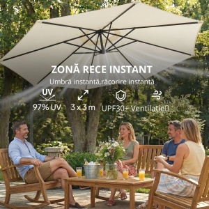 Umbrela de gradina cu brat si manivela, otel/poliester, Ø295x245 cm, stalp brat Φ42mm + sustinere Φ48mm, alb crem/negru - Verificat A · Re-Bloom - Img 4