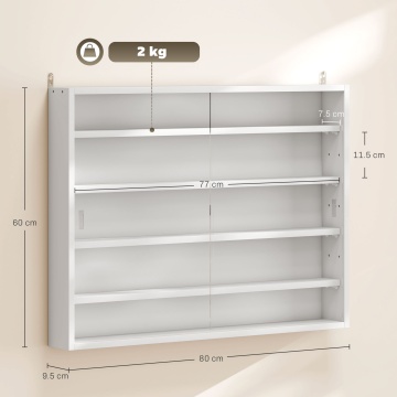 Vitrina suspendata de perete 80x9.5x60 cm, 5 rafturi reglabile, 2 usi glisante sticla, PAL, pentru figurine si parfumuri, alb - Verificat A · Re-Bloom - Img 3