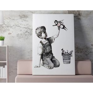 Wallxpert tablou decorativ canvas inspirat Banksy, 50x70 cm, 50% bumbac/50% poliester, imprimare digitala, cadru lemn 2x3 cm, alb/gri - Verificat A · Re-Bloom - Img 2