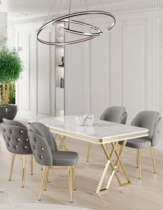 Woody Fashion set 4 scaune dining 45x46x82 cm, cadru metal 100%, tapiterie catifea, inaltime sezut 48 cm, gri/auriu - Verificat A · Re-Bloom - Img 5