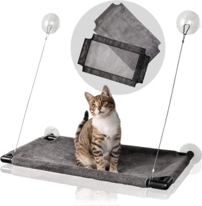Amazy pat suspendat pisici geam 60x35x5 cm, ventuze puternice 30 kg, husa plus lavabila, jucarie pene inclusa - Verificat A · Re-Bloom