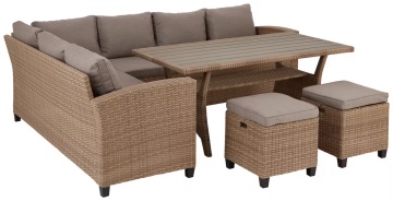 Ambia Garden комплект градински мебели за ъгъл L 179x236 см, маса, 2 табуретки, 7+4 възглавници, стоманена рамка, светлокафяво – Проверено A · Re-Bloom - Img 3