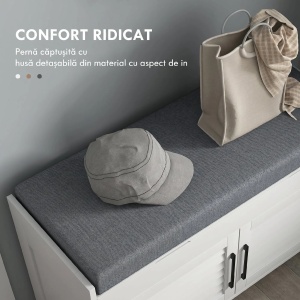Banca pantofi cu raft reglabil 3 niveluri, MDF/textil in, 90x36x50cm, Alb/Gri - Verificat A · Re-Bloom - Img 6