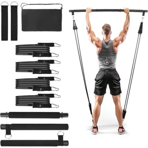 Belle Vous set Pilates bara 92 cm, 4 benzi de rezistenta 18-23 kg, 2 curele picioare, geanta transport 20x40 cm, otel/latex, negru - Verificat A · Re-Bloom