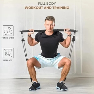 Belle Vous set Pilates bara 92cm + 4 benzi rezistenta 18-23kg + 2 curele picioare + geanta transport, otel/latex, negru - Verificat A · Re-Bloom - Img 2