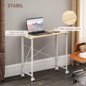 Birou pliabil cu roti si frana, MDF, blat stejar/picioare albe, 80x40x75cm - Verificat A · Re-Bloom - Img 5