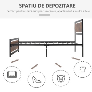 Cadru de pat single stil industrial, otel/MDF, 97x208x103 cm, sipci incluse, capacitate 150kg, negru/maro rustic - Verificat A · Re-Bloom - Img 5