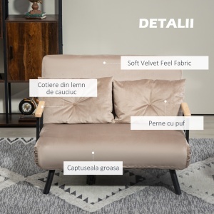 Canapea extensibila 2 locuri Re-Bloom, catifea poliester/otel/burete/lemn, 102x73x81 cm, pat 183x98.5x26 cm, spatar 5 niveluri, 2 perne incluse, 120 kg, maro deschis - Verificat A · Re-Bloom - Img 4