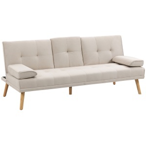 Canapea extensibila 3 locuri Re-Bloom, textil efect in/metal/burete/plop, 181x77x78 cm, pat 181x95.5x38 cm, consola centrala, suport pahare, 3 pozitii spatar, 250 kg, bej/natur - Verificat A · Re-Bloom