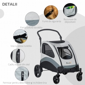 Carucior caini talie medie cu 4 roti, plasa Oxford, otel, 107x67x102cm, Gri - Verificat A · Re-Bloom - Img 6