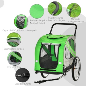 Carucior pentru caini 2 in 1 Re-Bloom, otel/Oxford, 140x72.5x108 cm (remorca), interior 79x55x63 cm, roti 20+50 cm, max 20 kg animal, verde/negru - Verificat A · Re-Bloom - Img 6