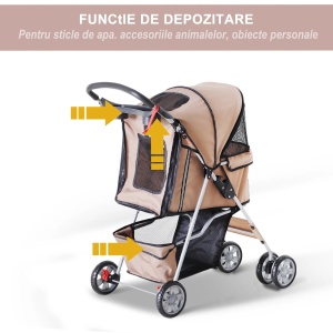 Carucior pliabil caini/pisici max 10 kg, 75x45x97 cm, acoperis retractabil, plasa nylon, cos depozitare, otel/Oxford, maro - Verificat A · Re-Bloom - Img 4