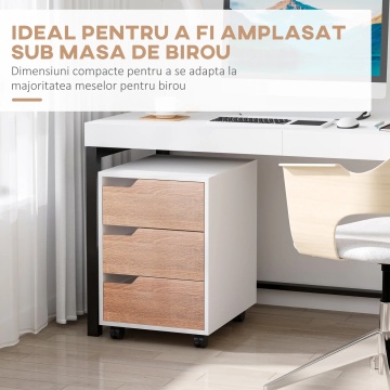 Comoda de birou cu 3 sertare 40x50x57.5 cm, MDF, ghidaje culisante, 4 roti din care 2 cu frana, manere ingropate, alb si lemn - Verificat A · Re-Bloom - Img 4