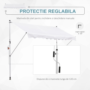 Copertina de perete cu stalpi de sprijin Re-Bloom, aluminiu/metal/poliester, 300x150 cm, stalpi telescopici 170-280 cm, inclinare 0-90°, manivela 120 cm, alb - Verificat A · Re-Bloom - Img 4