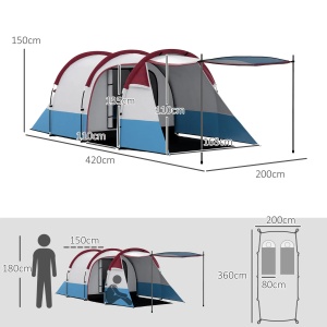 Cort camping 2-3 persoane 420x150x200 cm, 2 camere, impermeabil 2000mm, stalpi fibra de sticla, 3 usi, rosu/albastru/alb - Verificat A · Re-Bloom - Img 3
