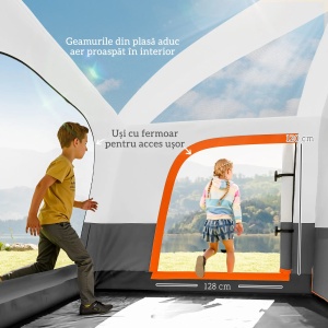 Cort de camping Re-Bloom, poliester/fibra sticla/PE, 430x305x195 cm, 2 camere + veranda, impermeabil UPF30+, 12 cuie + 8 franghii + geanta transport incluse, gri/portocaliu - Verificat A · Re-Bloom - Img 5