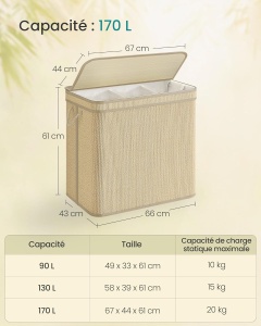 Cos pentru rufe cu 3 compartimente Songmics, bambus/textil/metal, natur, 66 x 43 x 61 cm, Resigilat, Grad A - Img 3