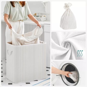 Cos pentru rufe Songmics, 3 compartimente, bambus/textil, alb, 60 x 40 x 61,5 cm, Resigilat, Grad A - Img 4