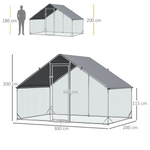 Cotet gaini zincat cu plasa hexagonala si acoperis PE impermeabil, otel zincat/PE, 3x2x2m, streasina 1.15m, usa 65x165cm, potrivit 4-6 pui, argintiu - Verificat A · Re-Bloom - Img 3