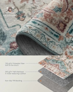 Covor vintage floral, textil, 160x230 cm, stil oriental, antiderapant, turcoaz/bej/roz - Verificat A · Re-Bloom - Img 3