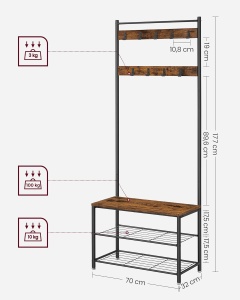 Cuier Vasagle, metal/PAL, negru/maro rustic, 70 x 32 x 177 cm, Resigilat, Grad A - Img 2