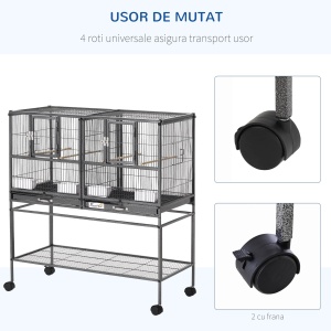 Cusca dubla pentru pasari Re-Bloom, metal/polipropilena/lemn masiv, negru/gri, 95 x 45,5 x 102 cm, Resigilat, Grad A - Img 5