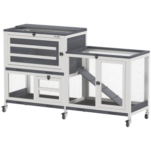 Cusca pe 2 niveluri pentru iepuri Re-Bloom, cu roti, lemn masiv/otel, alb/gri, 147 x 45 x 89,5 cm, Resigilat, Grad A