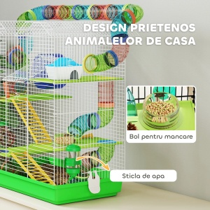 Cusca pentru hamsteri cu 5 niveluri, metal/PP/PS, 47x30x59 cm, tuba colorate, roata Ø13cm, casuta 14x9.5x9.5cm, bol + adapator 75ml incluse, verde - Verificat A · Re-Bloom - Img 5